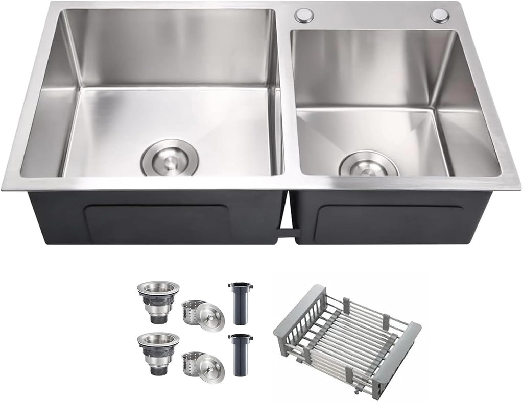 32' x 18' Drop-in/Topmount Double Bowl Kitchen Sink, Nano-Coated 304 Stainless Steel Kitchen Sink with Drain and Overflow