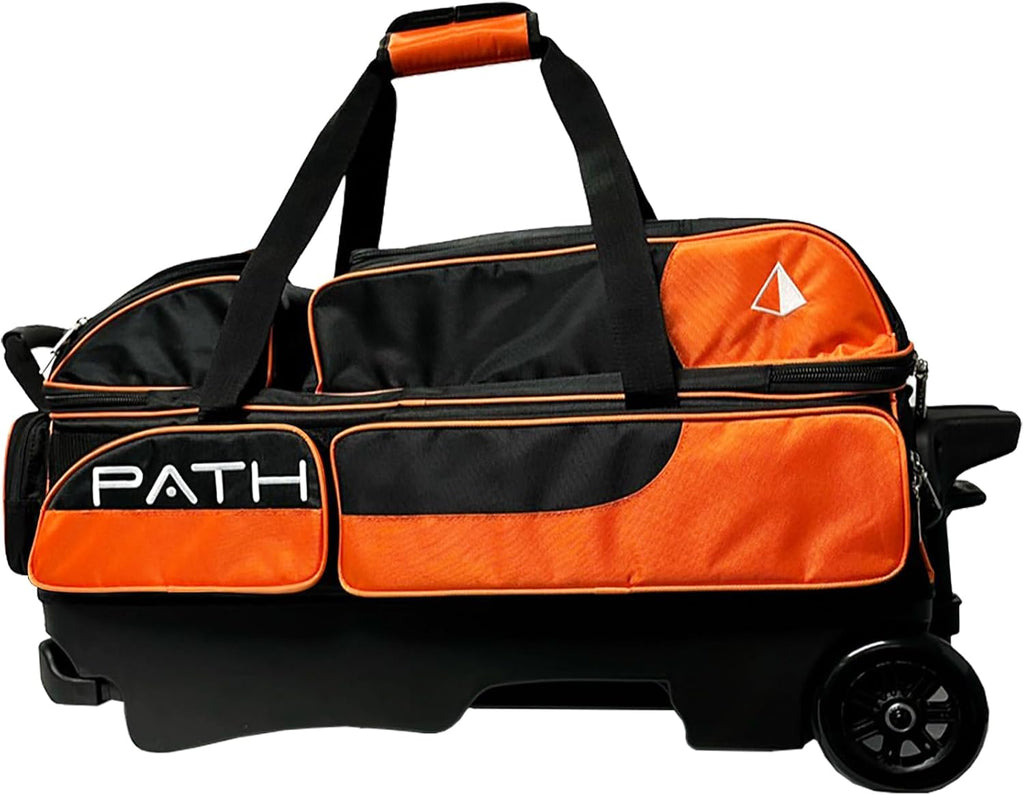 Pyramid Path Triple Premium Deluxe Roller Bowling Bag With Extra Large Separate Shoe Compartment (Up To US Mens Size 16) and 5 Accessory Pockets, 5' Wheels, Retractable Locking Handle - Extends to 42'