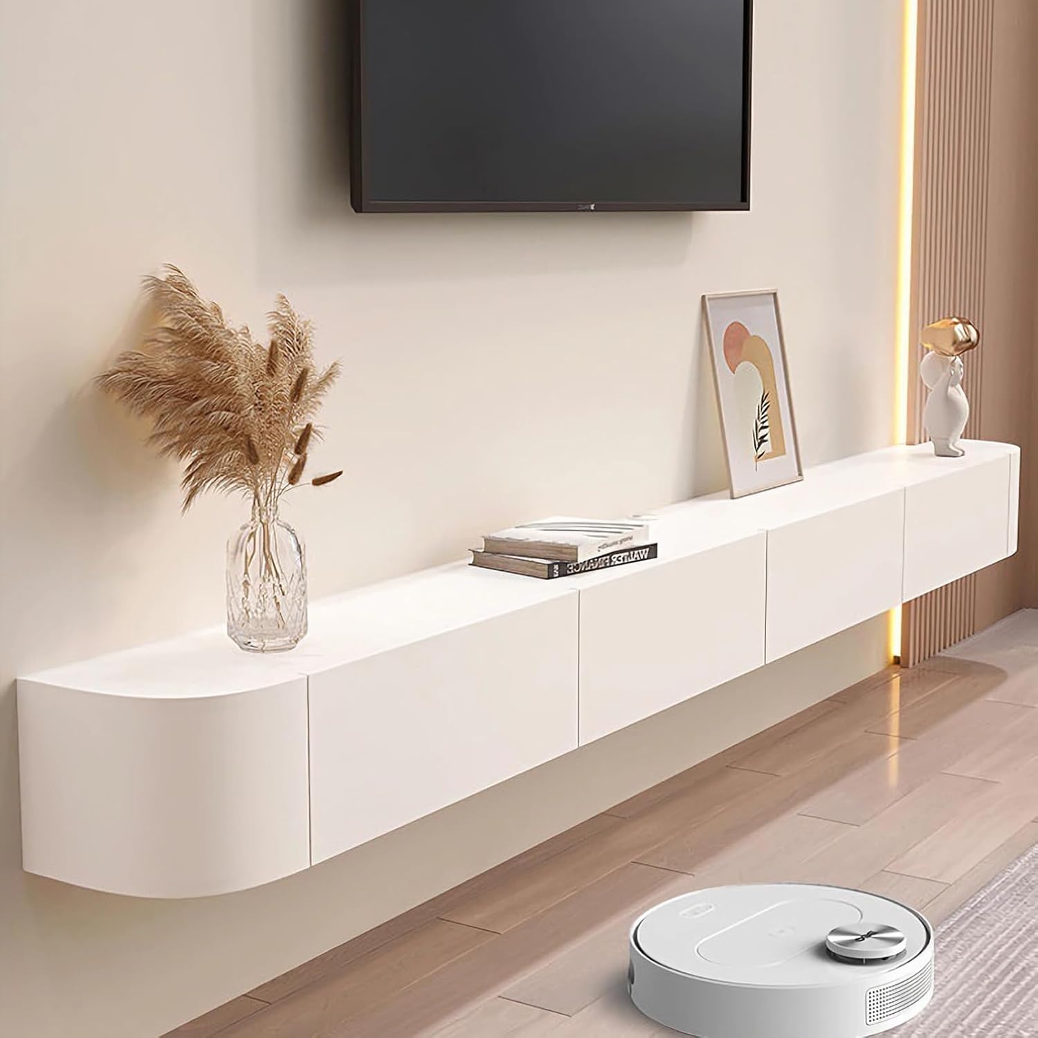 60 inch Floating TV Stand Wall Mounted TV Cabinet Floating Shelves with Door Entertainment Media Console Solid Wood Modern Living Room Round Corner TV Stand (White, 160CM)
