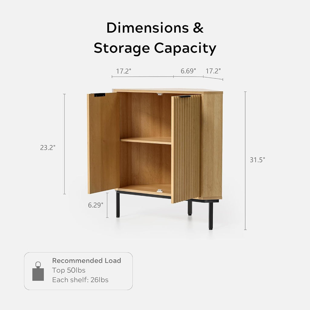 EYYTHUNG Fluted Corner Cabinet, Modern Small Corner Floor Cabinet with 2 Doors and 2-Tier Shelves, Freestanding Narrow Organizer for Living Room Kitchen Bathroom, Natural Oak