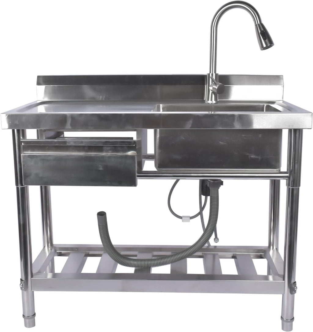 39.3 Inch Stainless Steel Free Standing Utility Sink - Single Bowl Commercial Kitchen Sink with Drawer, Pull-out Faucet, Hot & Cold Pipes for Laundry Room, Farmhouse, Garage, Outdoor & Indoor Use