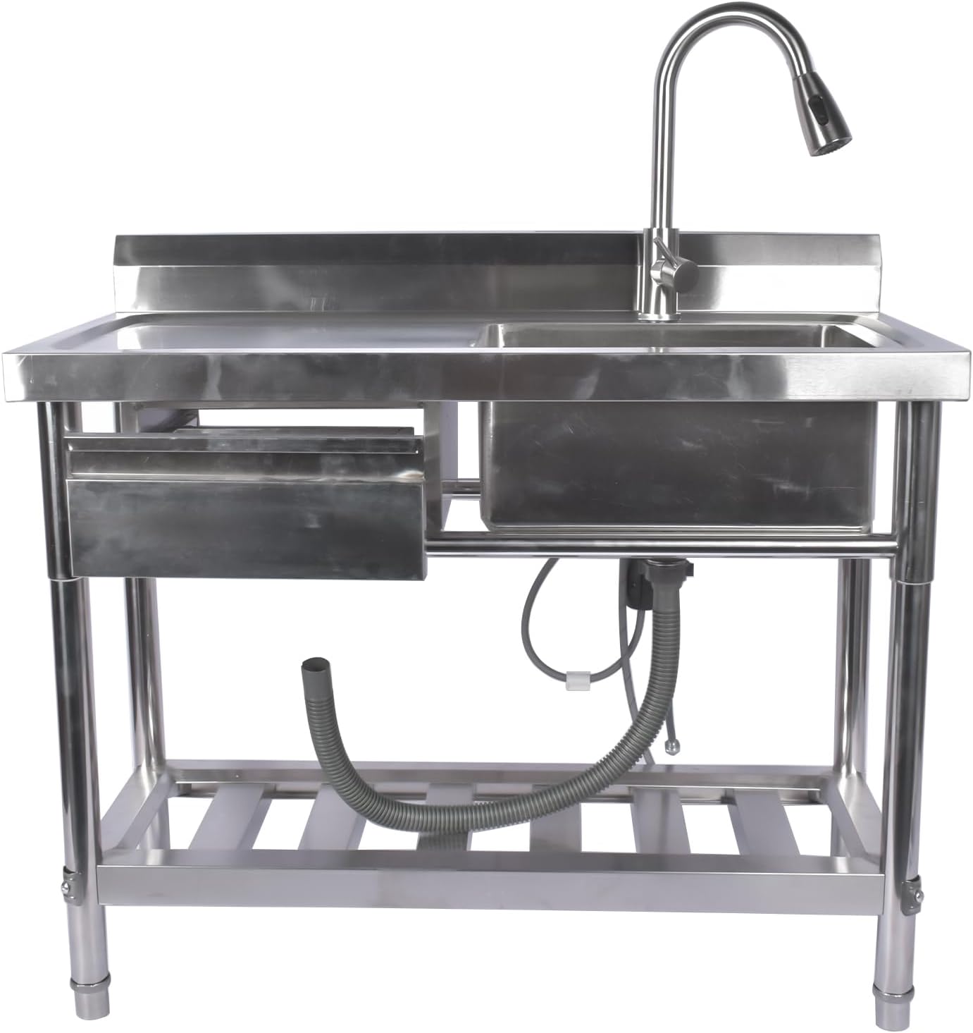 39.3 Inch Stainless Steel Free Standing Utility Sink - Single Bowl Commercial Kitchen Sink with Drawer, Pull-out Faucet, Hot & Cold Pipes for Laundry Room, Farmhouse, Garage, Outdoor & Indoor Use