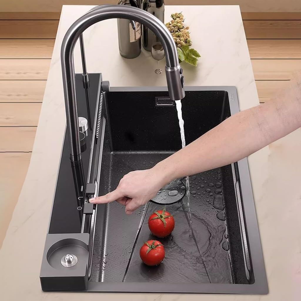 Waterfall Sink with Multi-Functional Pull-Out Faucet Stainless Steel Kitchen Sink Single Bowl Bar Sink with Complete Accessory Set (Black 75x46x22cm)