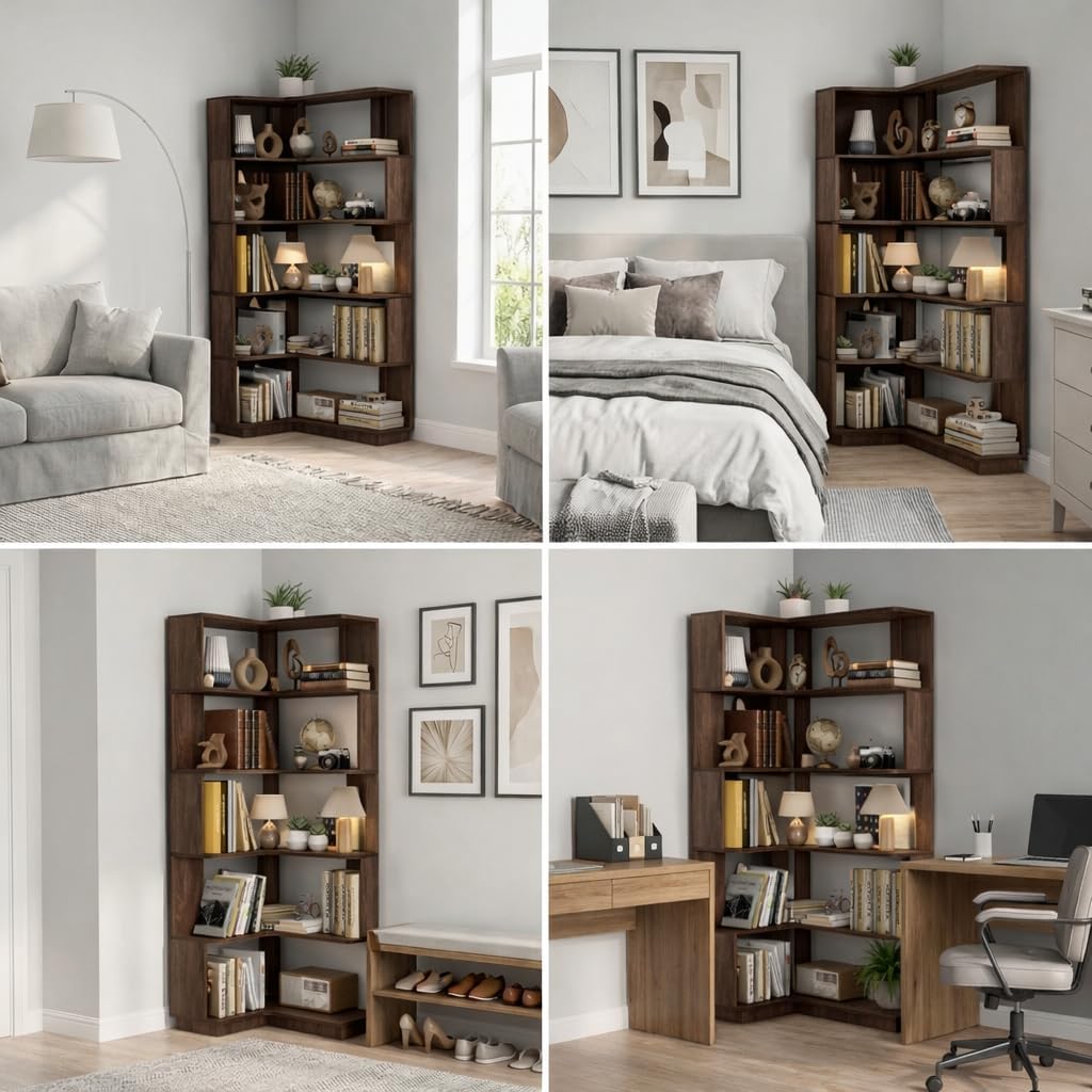 6 Tier Corner Bookshelf, Freestanding L-Shaped Wooden Bookcase with Open Shelves, Anti-Fall Panels and Anti-Tipping Device for Living Room, Home Office (Dark Brown with Right Extension)