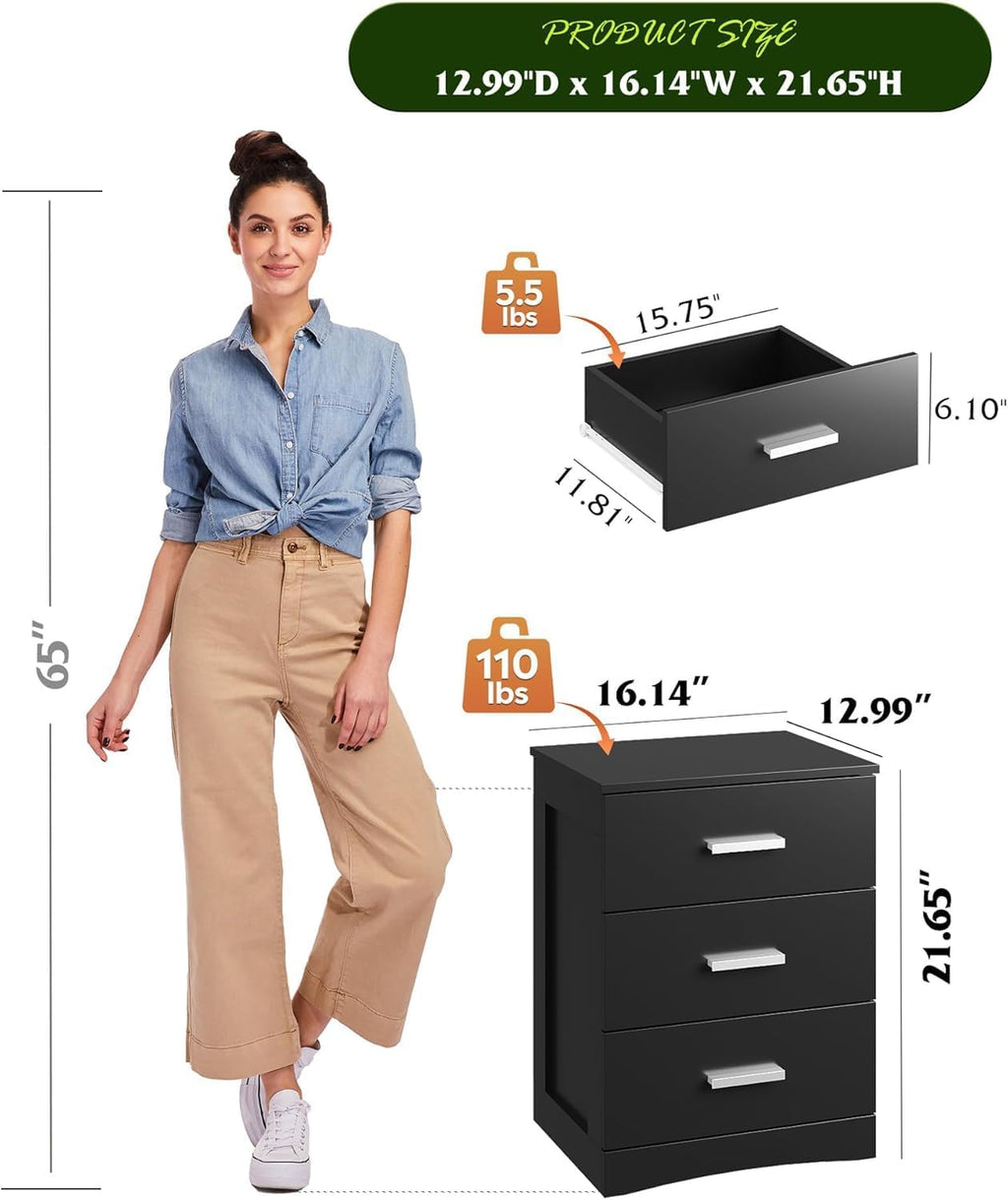WLIVE Black Night Stand Set of 2 with 3 Drawers, Small Wooden Nightstand Sets, Bed Side Tables for Bedroom, Living Room, Dorm, Modern Minimalist Bedside Table, 12.9' D x 16' W x 21.6' H