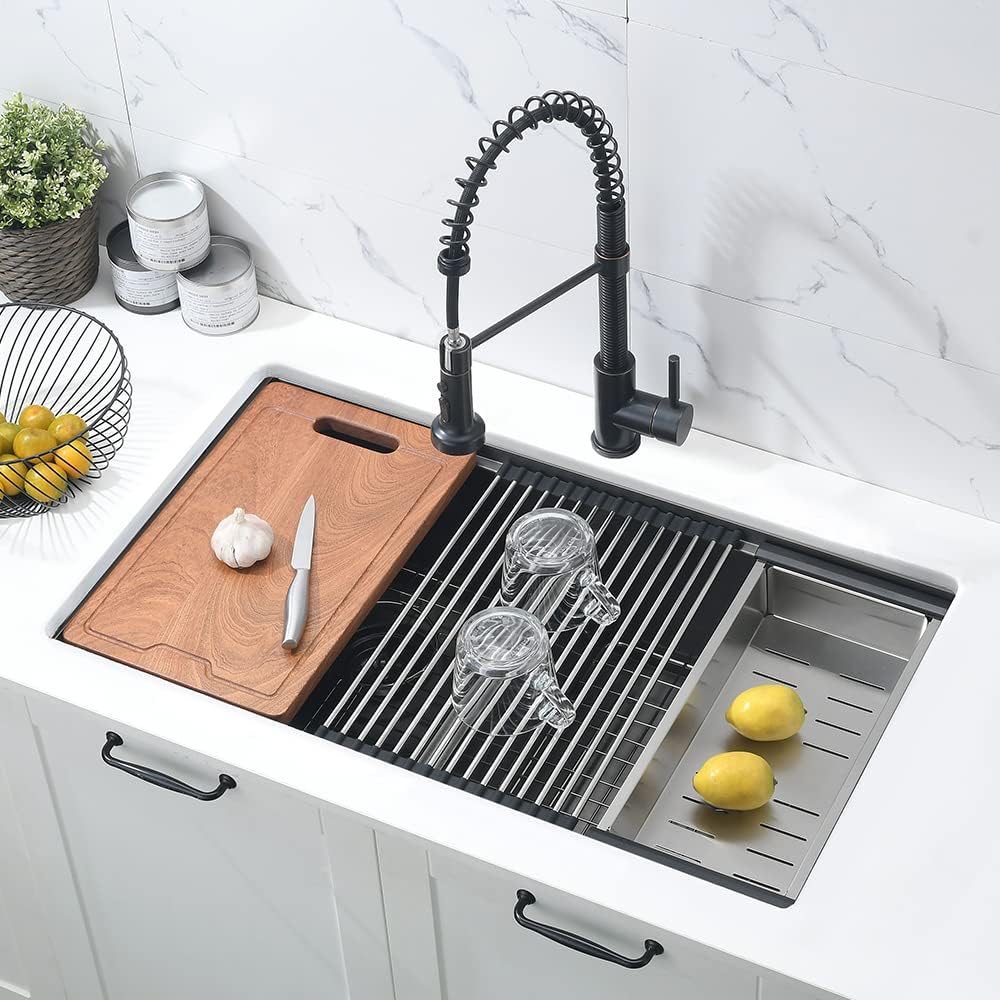 33 Inch Black Double Bowl Undermount Kitchen Sink Workstation-Bokaiya 33x19 Kitchen Sink Undermount 50/50 Double Bowl Sink 16 Gauge Black Stainless Steel Double Basin with Cutting Board