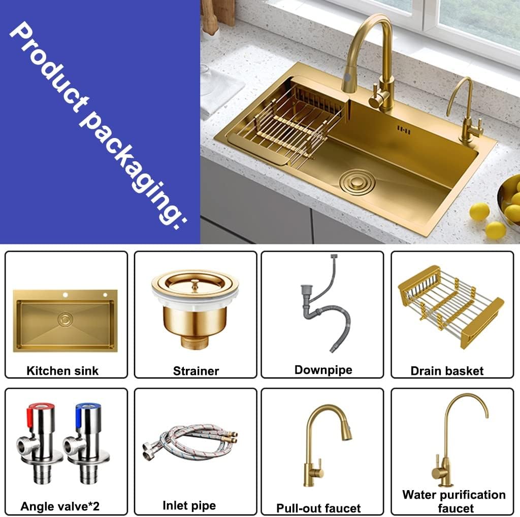 Kitchen Sink. Counter Square Sink Single Bowl Bar Preparation 304 Stainless Steel RV Sink with Pull-Out Faucet Water Purification Faucet & Installation Kit (Gold 72x45x21cm)
