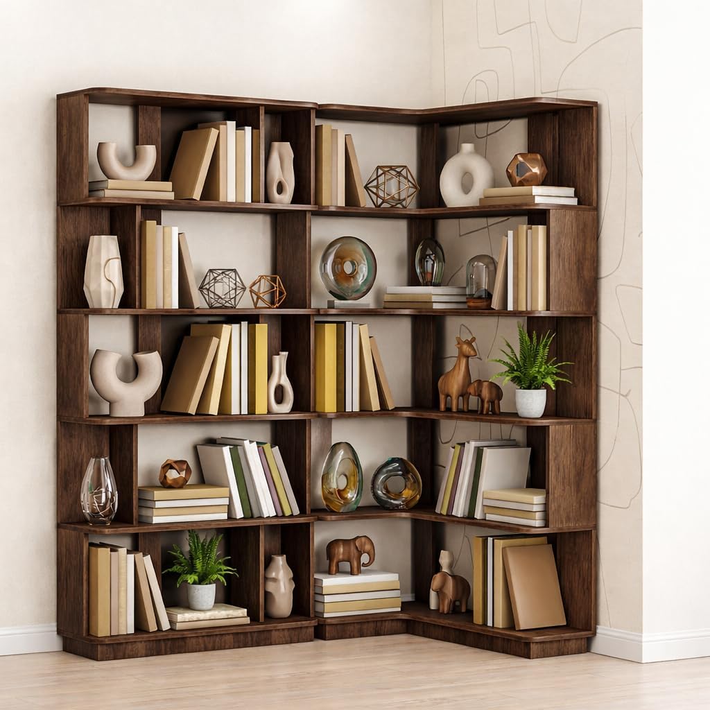6 Tier Corner Bookshelf, Freestanding L-Shaped Wooden Bookcase with Open Shelves, Anti-Fall Panels and Anti-Tipping Device for Living Room, Home Office (Dark Brown with Right Extension)