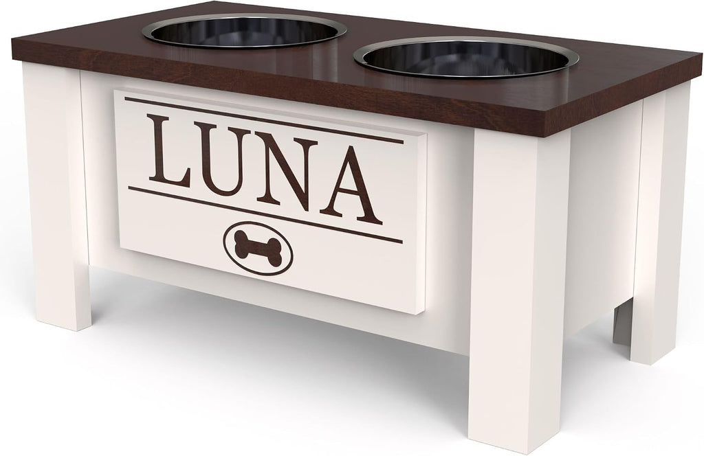 GTW Personalized Elevated Dog Bowl Stand for Large, Medium, Small, X-Small Dogs - Stainless Steel Food and Water Bowls - Raised Dog Dish with Internal Storage (Medium, Dark Walnut)