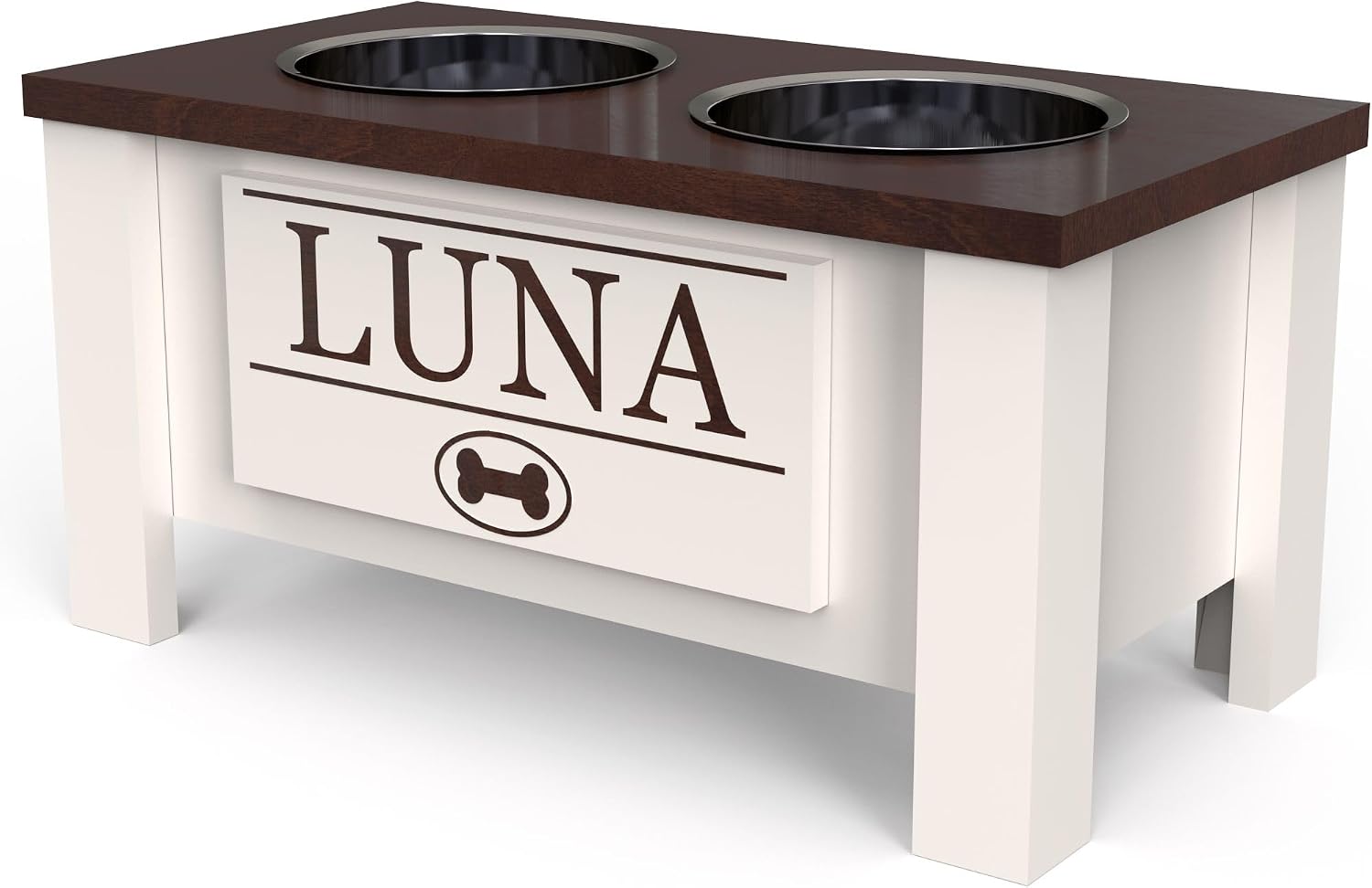 GTW Personalized Elevated Dog Bowl Stand for Large, Medium, Small, X-Small Dogs - Stainless Steel Food and Water Bowls - Raised Dog Dish with Internal Storage (Medium, Dark Walnut)