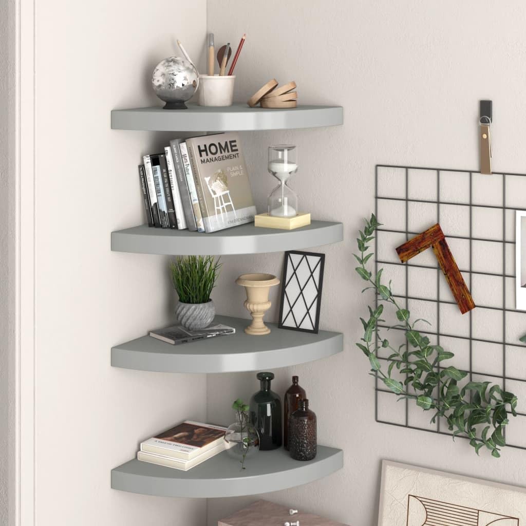 Set of 4 Gray Honeycomb MDF Floating Corner Shelves Wall Mounted for Modern Home Decor and Space Saving Storage