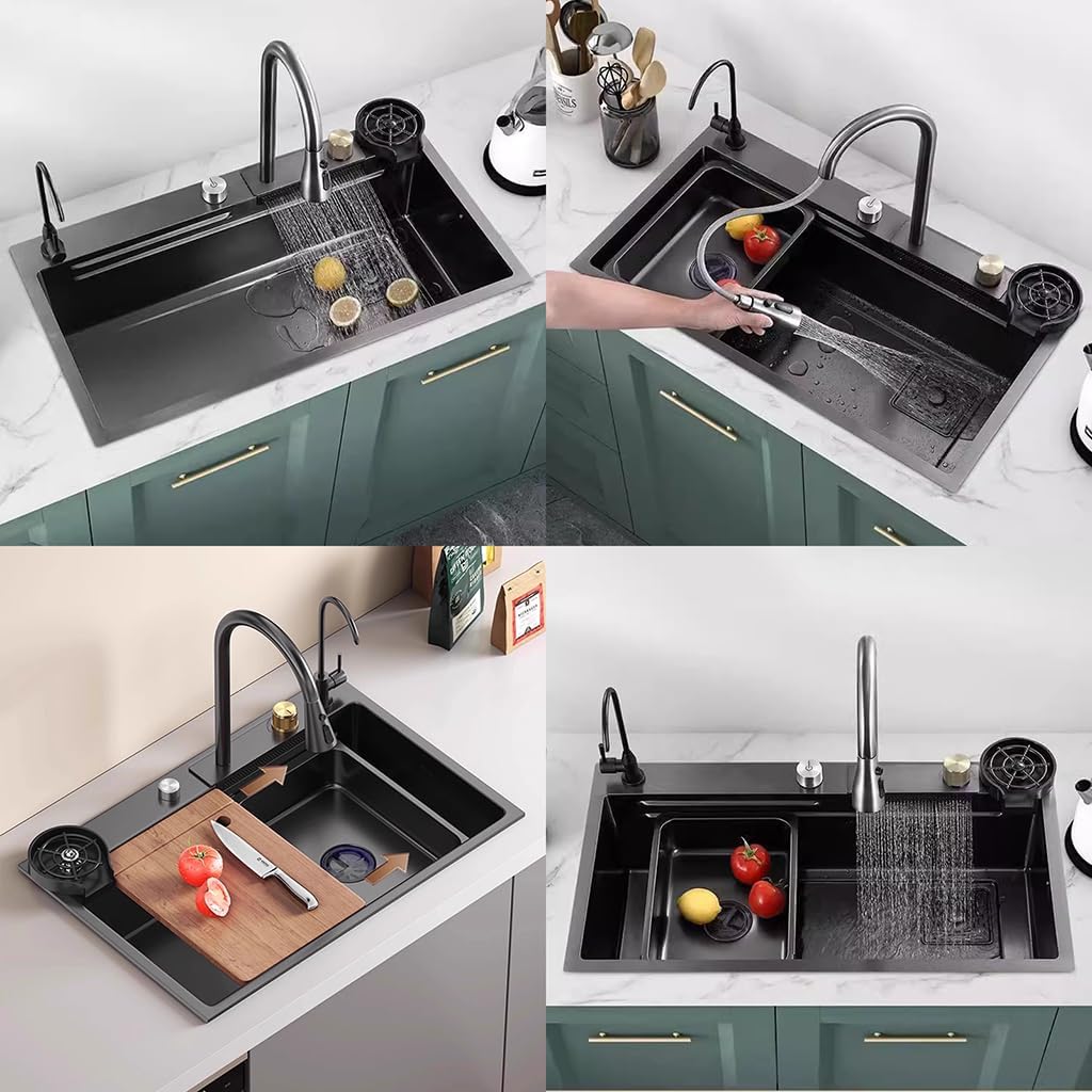 Black Stainless Steel Waterfall Sink Single Bowl Kitchen Sink with Faucet and Cup Rinser, Deep Bar Sink Drop-In/Undermount Farmhouse Workstation Sink with Accessories (29.5x17.7in)