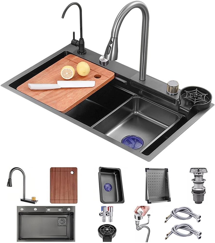 Nano Single Bowl Kitchen Sink 304 Stainless Steel Bar Sink Household Multi-Function RV Sink with Faucet and Drain Assembly Drop in Or Under Mount (Grey-68x45x22cm
