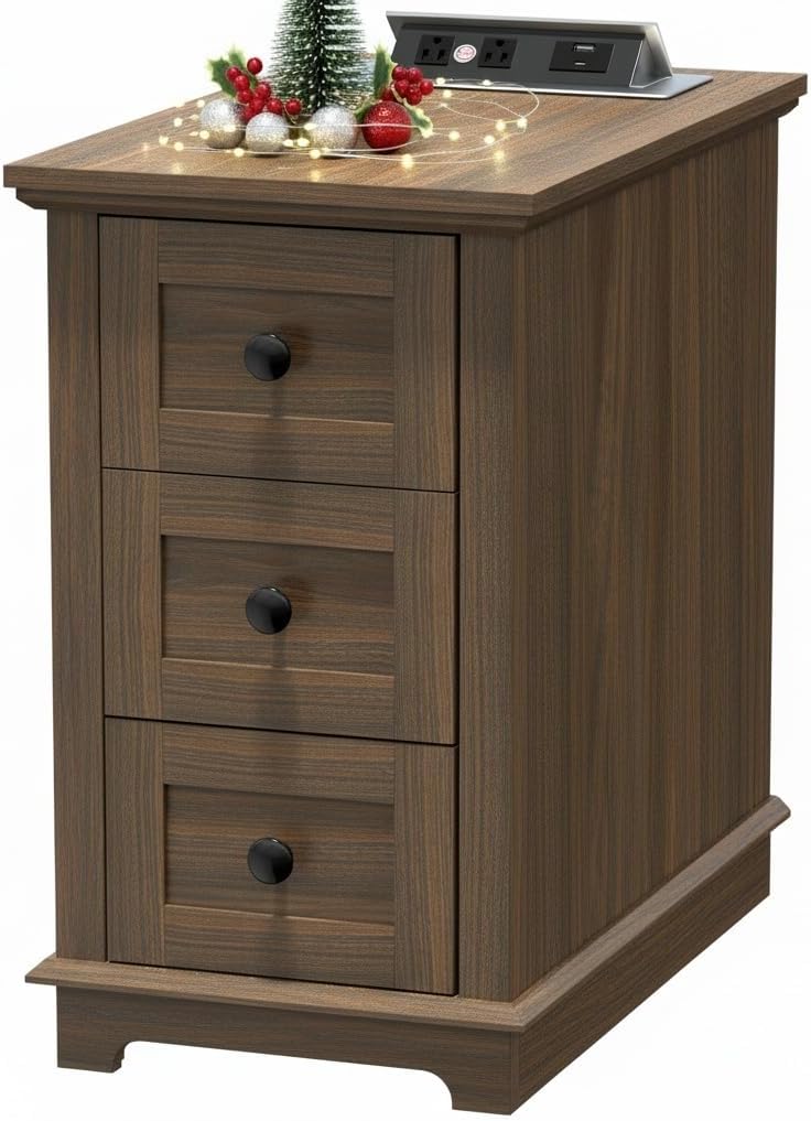 HIFYOBRO Narrow End Table with Flip Top Charging Station, 3 Drawers Storage Side Table, Wooden Nightstand for Living Room, Bedroom, Home Office