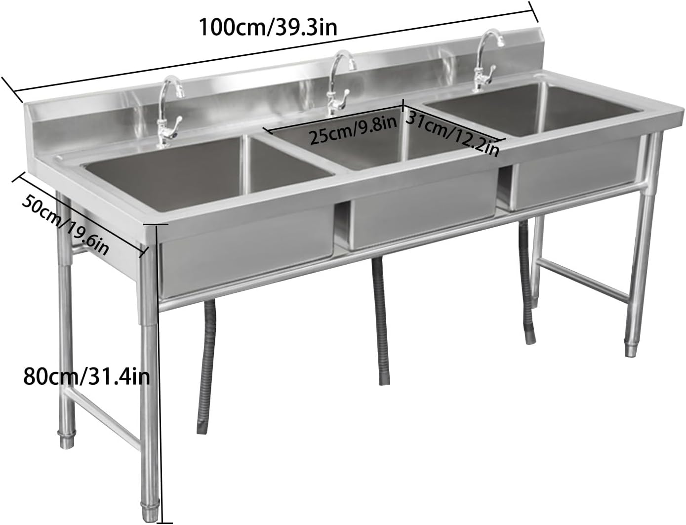 Stainless Steel Triple Bowl Kitchen Sink, Free Standing Utility Sink, Multipurpose Vanity Basin for Laundry Room,Garage,Basement(100X50cm/39.3X19.6in)