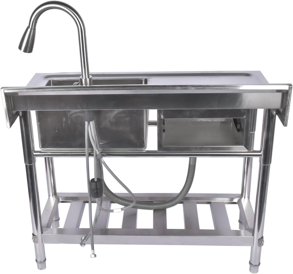 39.3 Inch Stainless Steel Free Standing Utility Sink - Single Bowl Commercial Kitchen Sink with Drawer, Pull-out Faucet, Hot & Cold Pipes for Laundry Room, Farmhouse, Garage, Outdoor & Indoor Use