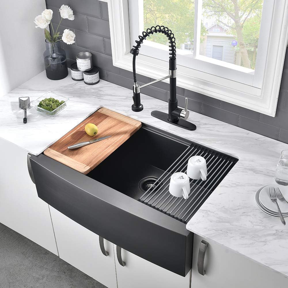33 Inch Black Farmhouse Sink Workstation-VASOYO 33x22 Farm Sink Black Stainless Steel Apron Front Farmhouse Kitchen Sinks Undermount 16 Gauge Single Bowl Deep Kitchen Sinks with Cutting Board