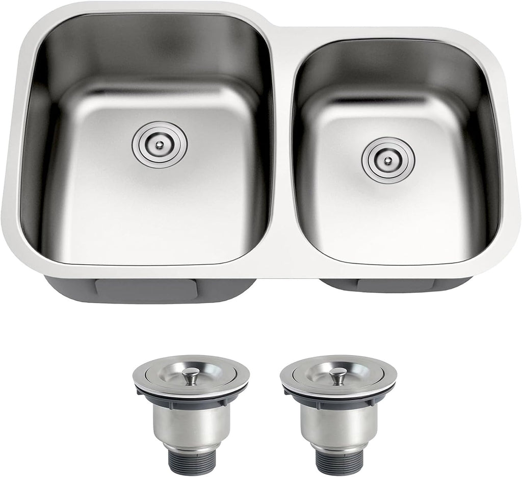 32 Inch Double Bowl Kitchen Sink 60/40 Undermount Stainless Steel 18 Gauge Curved Shape Round Corner Sinks with Strainer 32' x 20' x 9'