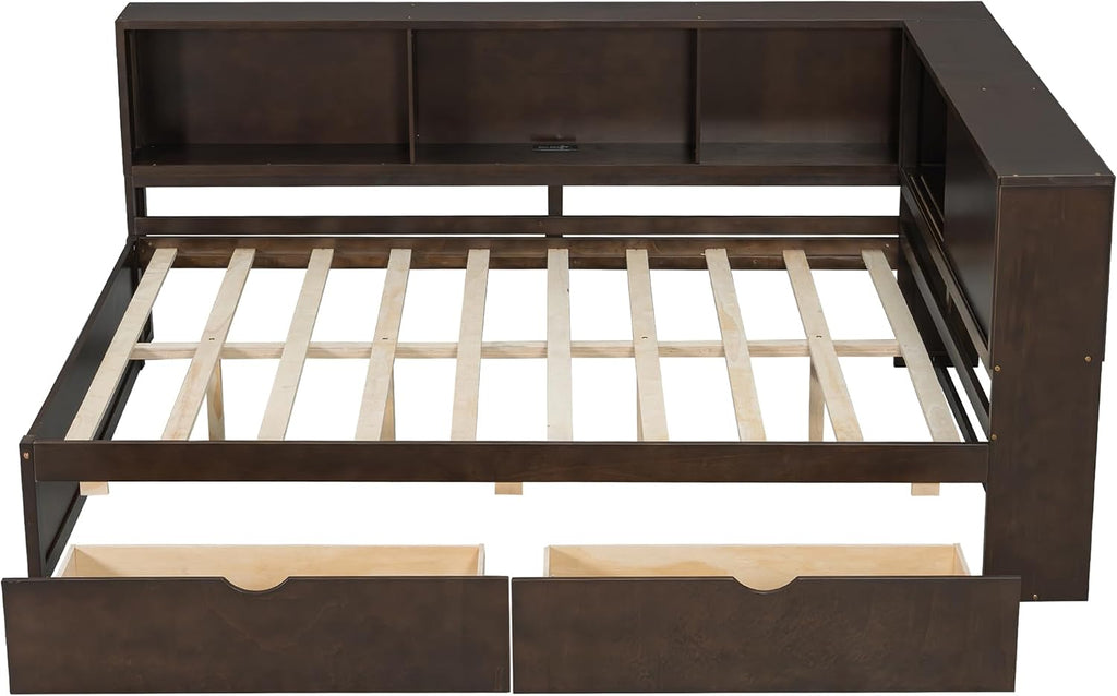Merax Queen Size Daybed Frame with 2 Drawers and Storage Shelves for Kids, Teens or Adults, Wooden Corner Bed Sofa Bed with USB Ports and LED for Living Room or Bedroom, No Box Spring Needed, Brown