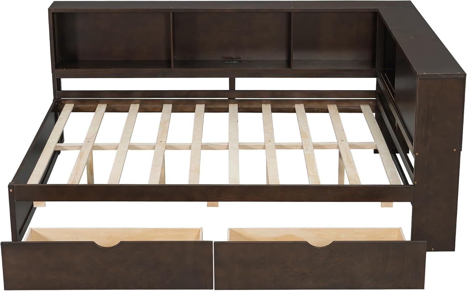 Merax Queen Size Daybed Frame with 2 Drawers and Storage Shelves for Kids, Teens or Adults, Wooden Corner Bed Sofa Bed with USB Ports and LED for Living Room or Bedroom, No Box Spring Needed, Brown