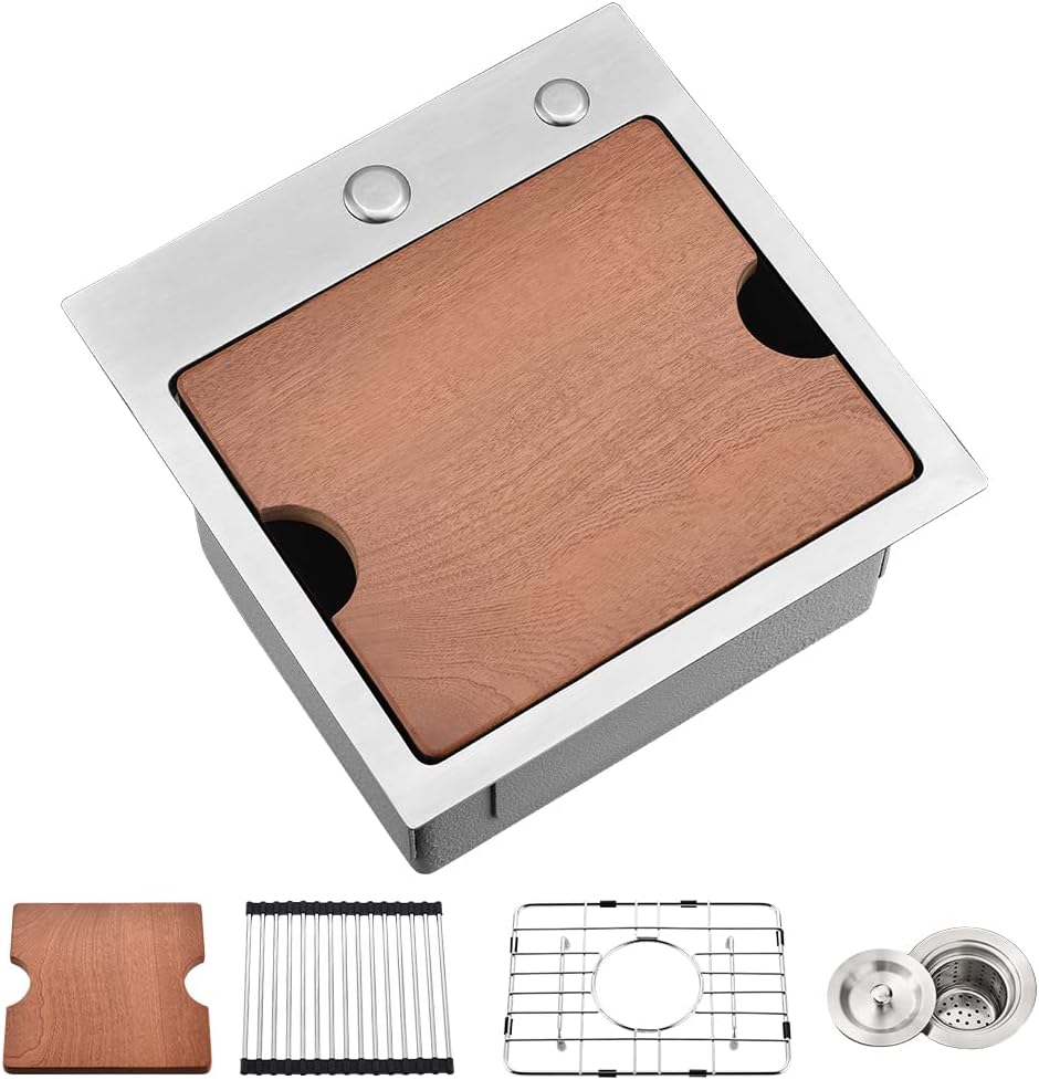 Bar Sink Drop In-VASOYO-18x18 Inch Small Kitchen Sink Drop In Rv Sinks 16 Gauge Stainless Steel Small Wet Bar Sinks Deep Single Bowl Outdoor Basin with Cutting Board