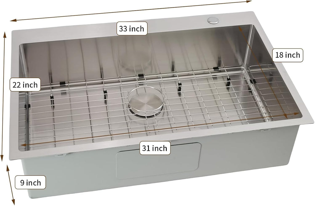 33x22 Drop In Kitchen Sink - Delironexu 16 Gauge Top Mount Stainless Steel Kitchen Sink, 33 Inch Deep Single Bowl kitchen Sinks with 3-Piece Accessories