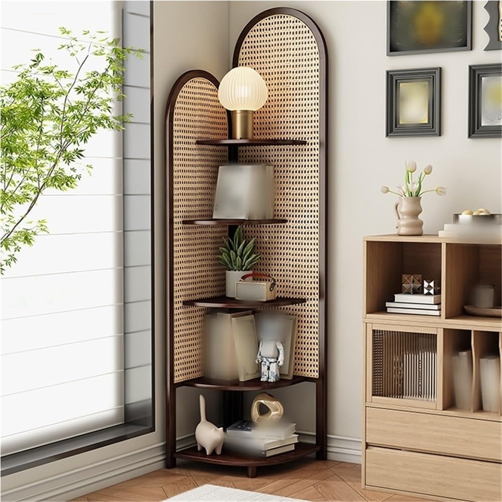 5 Tier Rattan Corner Shelf, Multi-Functional Corner Shelf, Corner Bookshelf, Triangular Rattan Shelf for Living Room, Bedroom(Brown)
