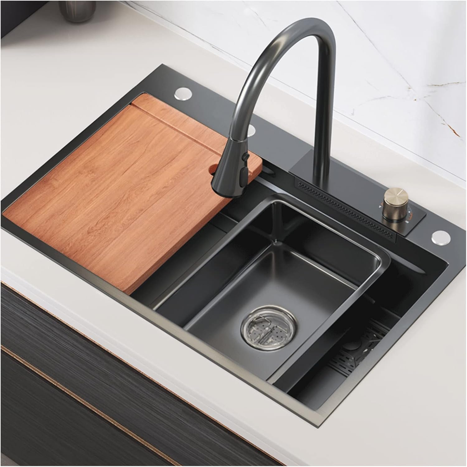 304 Stainless Steel Single-Bowl Kitchen Sink Black Waterfall Bar Sink Multi-Function Household Rv Sink with Faucet and Drainage Cponents Top Mount Or Under Mount (Color : Black, Size :