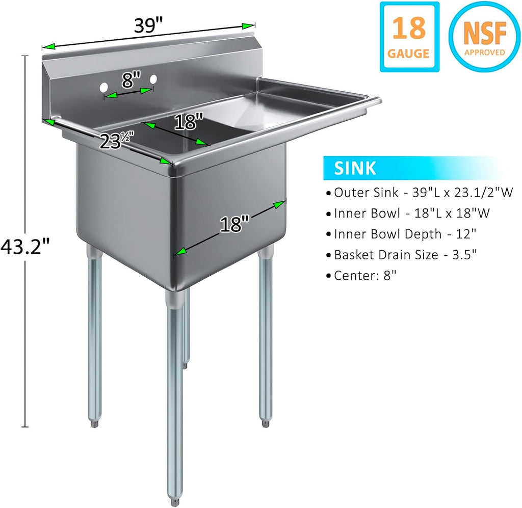 Stainless Steel Prep & Utility Sink | 304 Stainless Steel | Restaurant, Kitchen, Laundry, Garage | NSF (23 in. x 39 in. | One Bowl | Right Drainboard)