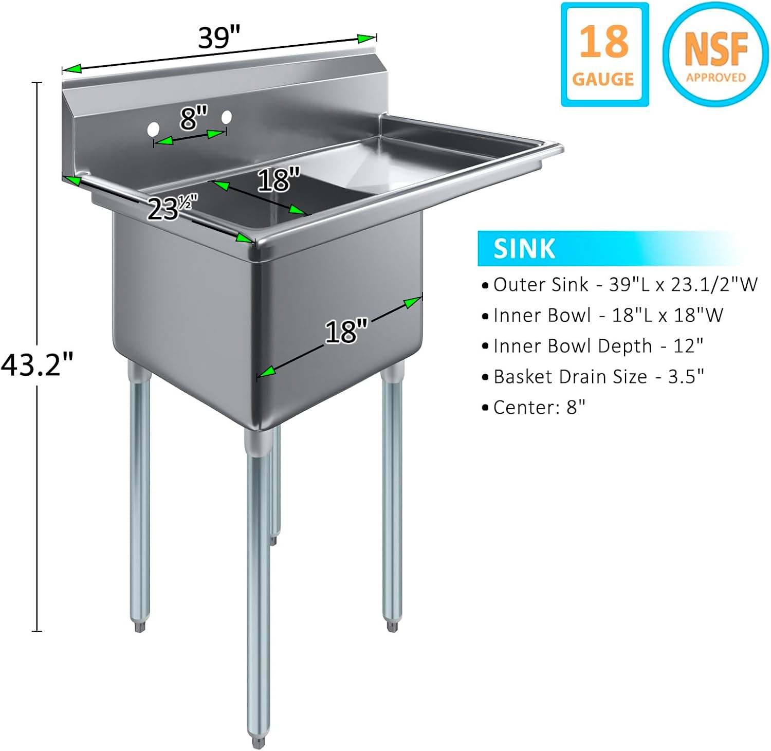 Stainless Steel Prep & Utility Sink | 304 Stainless Steel | Restaurant, Kitchen, Laundry, Garage | NSF (23 in. x 39 in. | One Bowl | Right Drainboard)