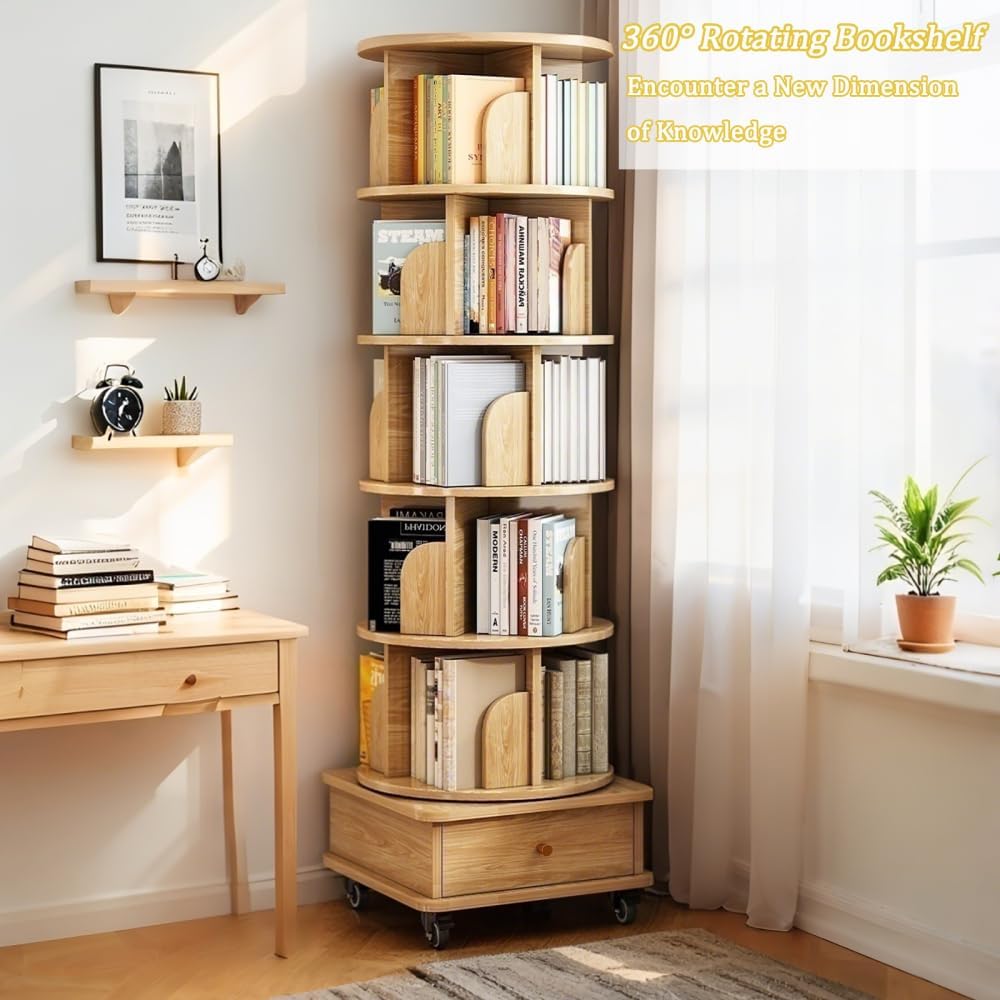 360° 6 Tier Rotating Bookshelf with Drawer and Wheels, Tall Bookcase for Small Spaces, Corner Shelf for Bedroom, Living Room, Office, Wood Bookshelf, Natural