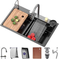 Stainless Steel Waterfall Sink Single Bowl Bar Sink Kitchen Sink Set Nano-Coated Workstation Sink with Pull-Out Faucet Pressurized Cup Washer (Color : Black, Size : 80x45x22cm) (Black 68x45x22cm)