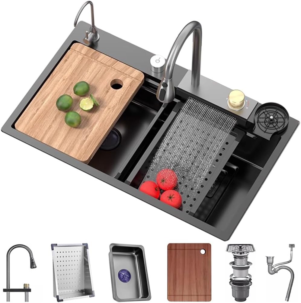 Stainless Steel Waterfall Sink Single Bowl Bar Sink Kitchen Sink Set Nano-Coated Workstation Sink with Pull-Out Faucet Pressurized Cup Washer (Color : Black, Size : 80x45x22cm) (Black 68x45x22cm)
