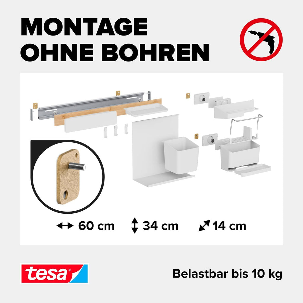 tesa Kitchen Organiser Combo Set XL - Self-Adhesive Kitchen Rail System, Herb Pot, 2 Shelves, Dishwasher Organiser, Knife and Kitchen Roll Holder, Hook Rail with 3 Hooks - Drill-Free - Bamboo/White