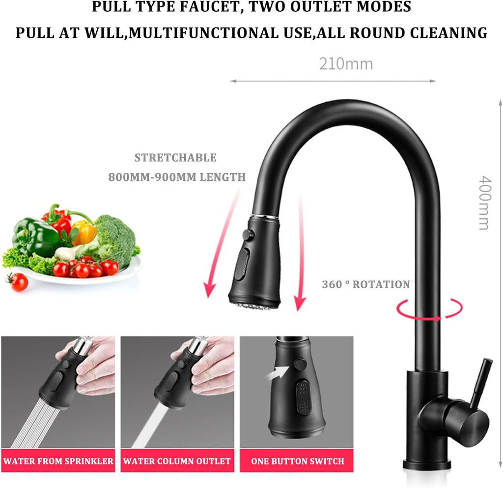304 Stainless Steel Kitchen Sink Black Nano Single Bowl Bar Sink Multi-Function RV Sink Pull-Out Faucet and Drainage Components Drop in Or Under Mount (Color : Black, Size : 68x46x21cm) (Black 68