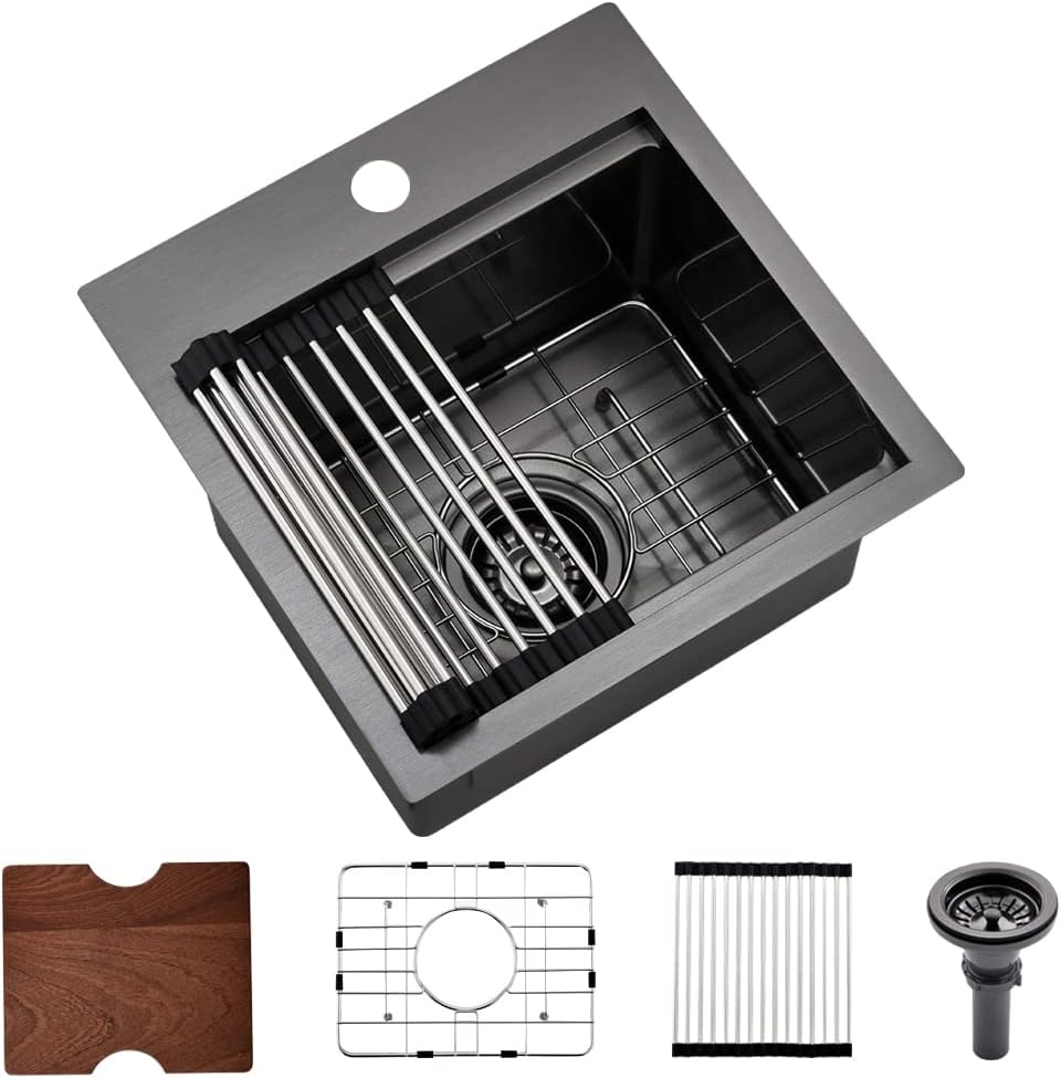 Drop In Bar Sink Black-Bokaiya 15x15 Inch Small Drop In Kitchen Sink Stainless Steel Wet Bar Outdoor Sink 16 Gauge Top Mount Single Bowl Basin with Cutting Board