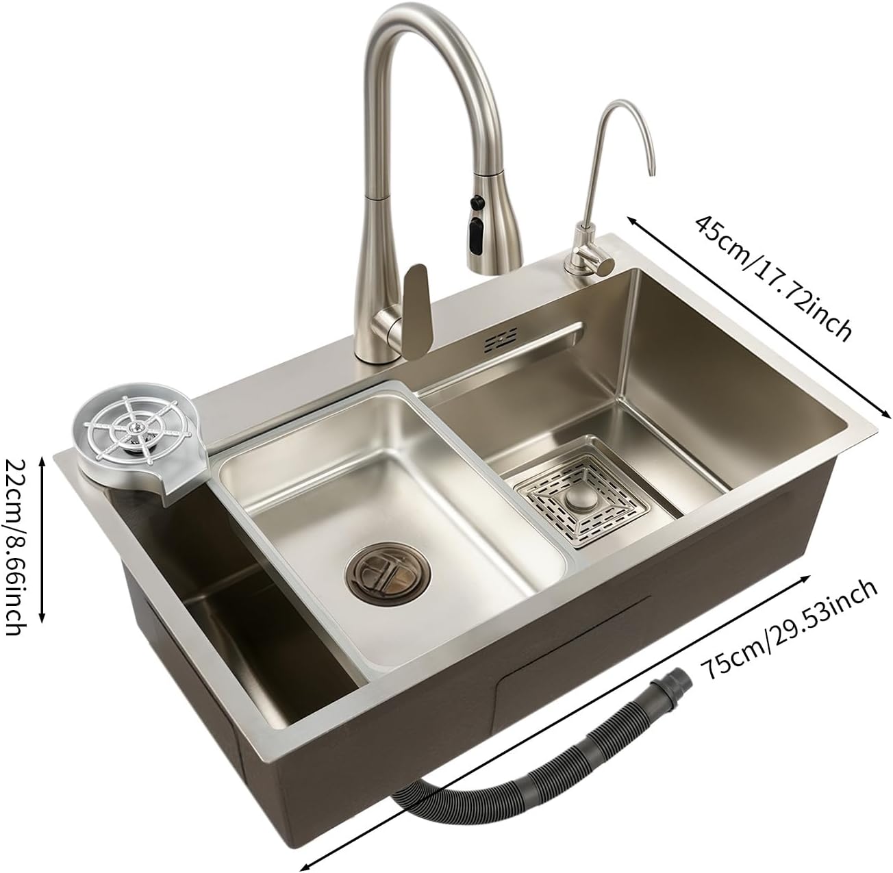 DYRABREST 29.5 Inch Stainless Steel Kitchen Sink Multi-Function Commercial Sink Set with Cutting Board & Basin-in-Basin, Drop-In/Undermount Install, Cup Rinser and Drainer for Restaurant Home (Silver)