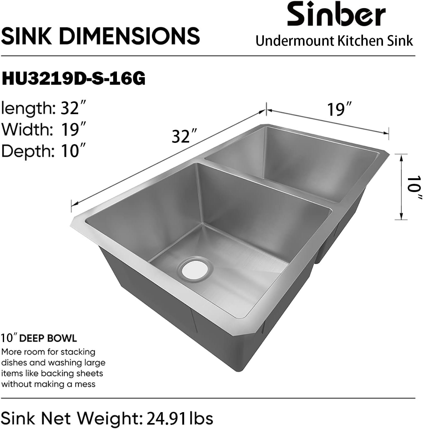 Sinber HU3219D-S-16G 32' x 19' x 10' Undermount Double Bowl Kitchen Sink with 16 Gauge 304 Stainless Steel Satin Finish (Sink Only)