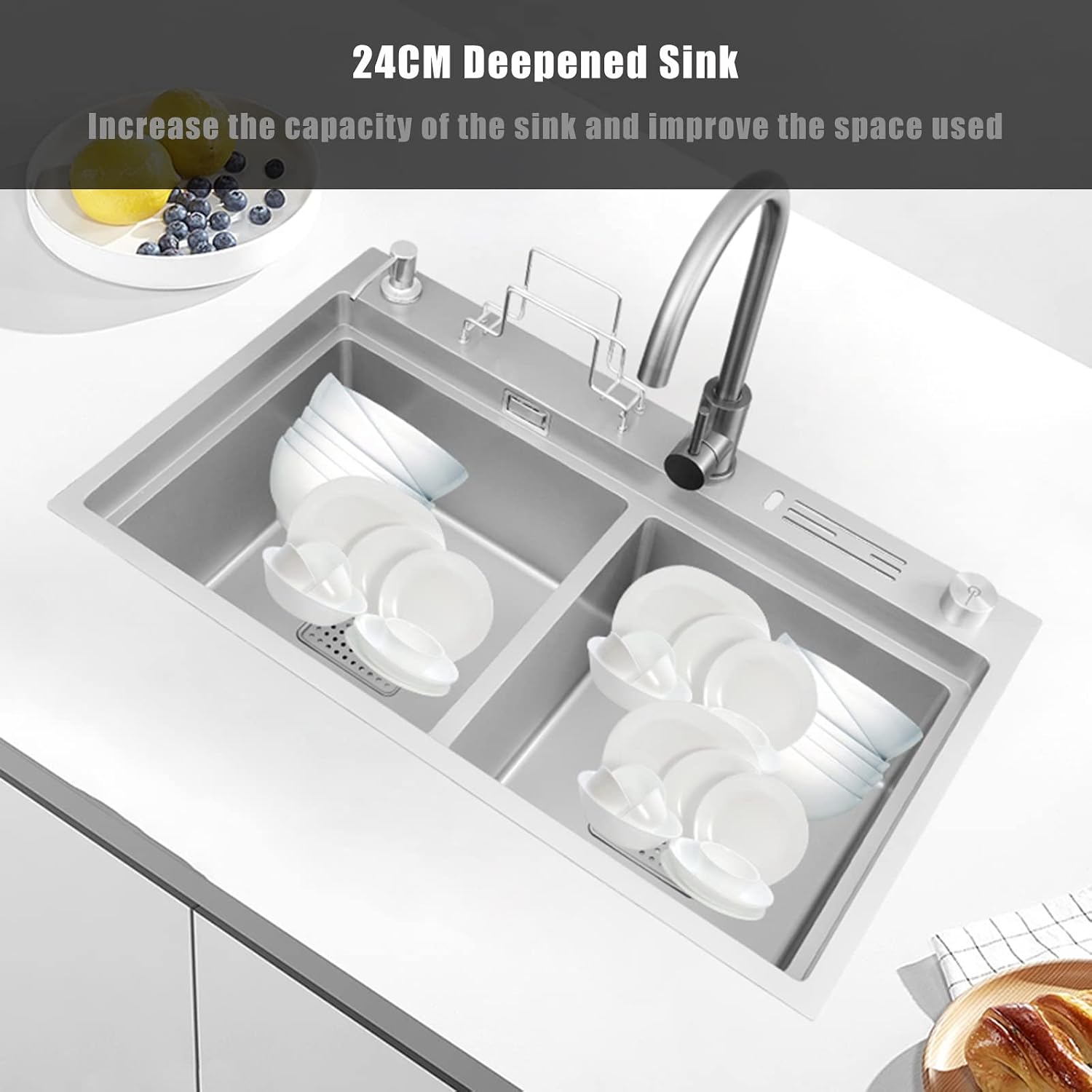 Home Décor Sink Double Bowl Kitchen Sink Rv Sink with Large Bend Faucet and Drain Assembly Drop in or Undermount (82 * 46 * 24Cm