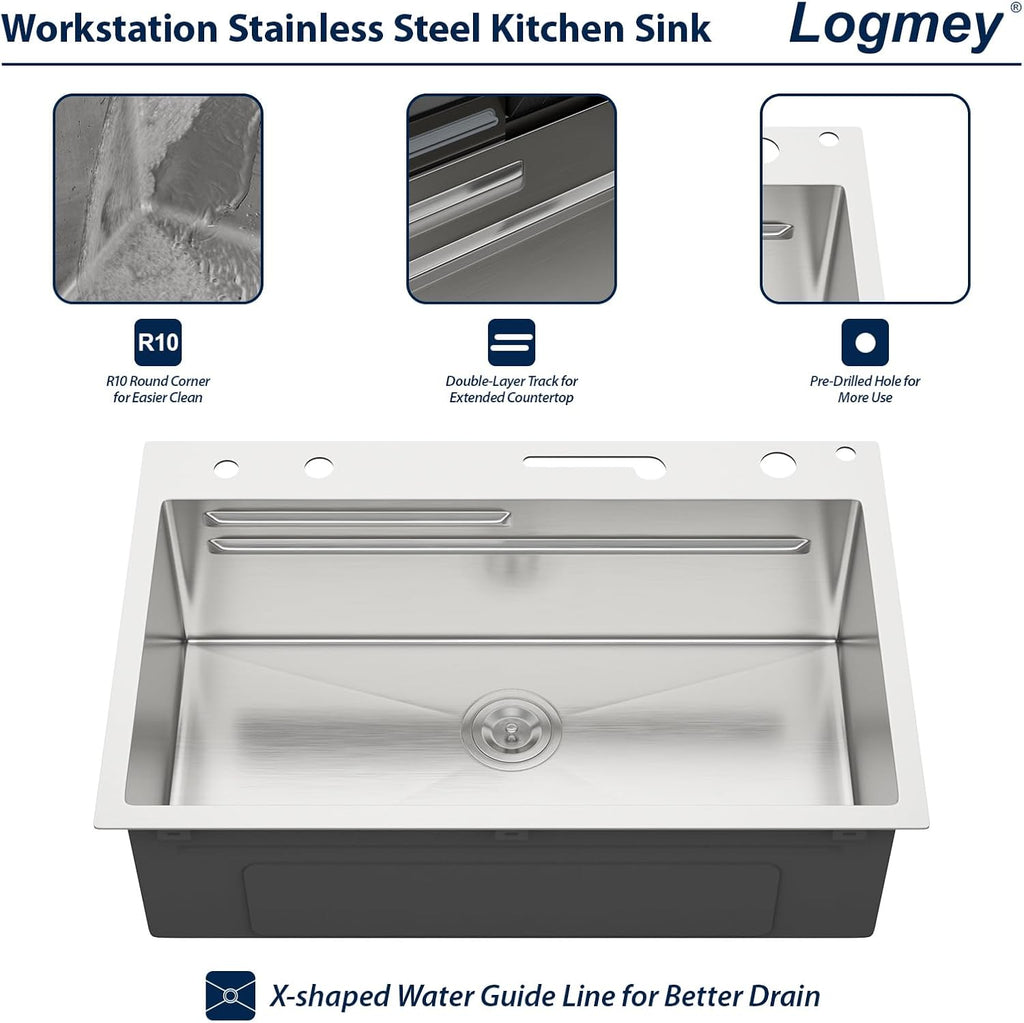 Logmey 30' Smart Dual Waterfall Sink with Digital Display,Water Purifier,Nano PVD Drop in Kitchen Sink with Faucet,16 Gauge Stainless Steel Sinks with Temperature Control Knob,5 Buttons,30x19x9