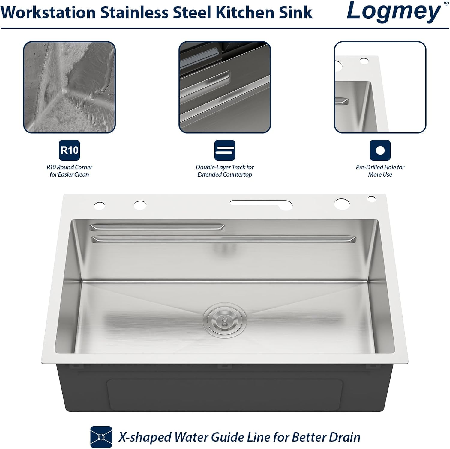 Logmey 30' Smart Dual Waterfall Sink with Digital Display,Water Purifier,Nano PVD Drop in Kitchen Sink with Faucet,16 Gauge Stainless Steel Sinks with Temperature Control Knob,5 Buttons,30x19x9