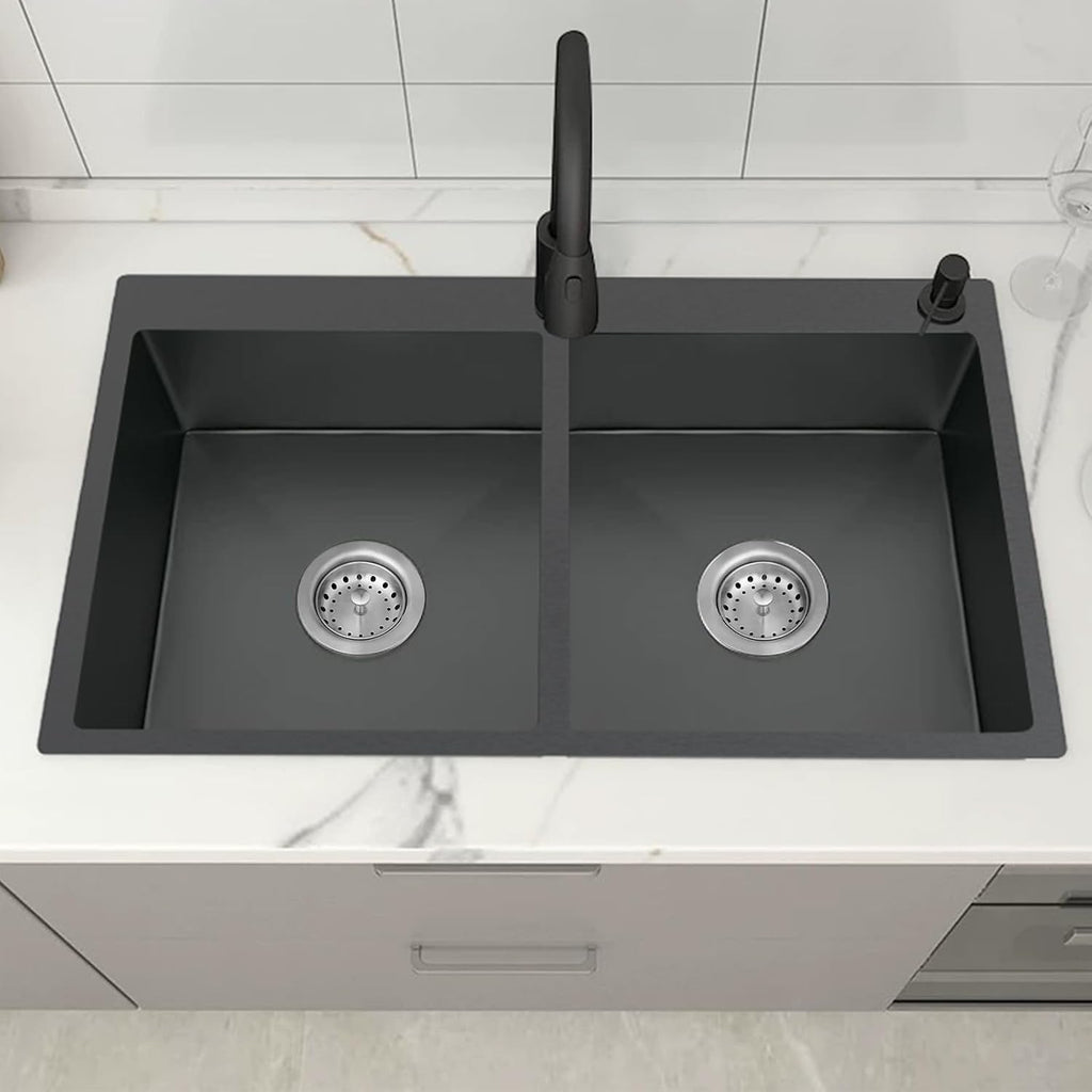 Black Double Bowl Sink - 50/50, 33x22x9-Inch Topmount - Stainless Steel - Drop In - Includes Sink Grid, Soap Dispenser, Drain Strainer
