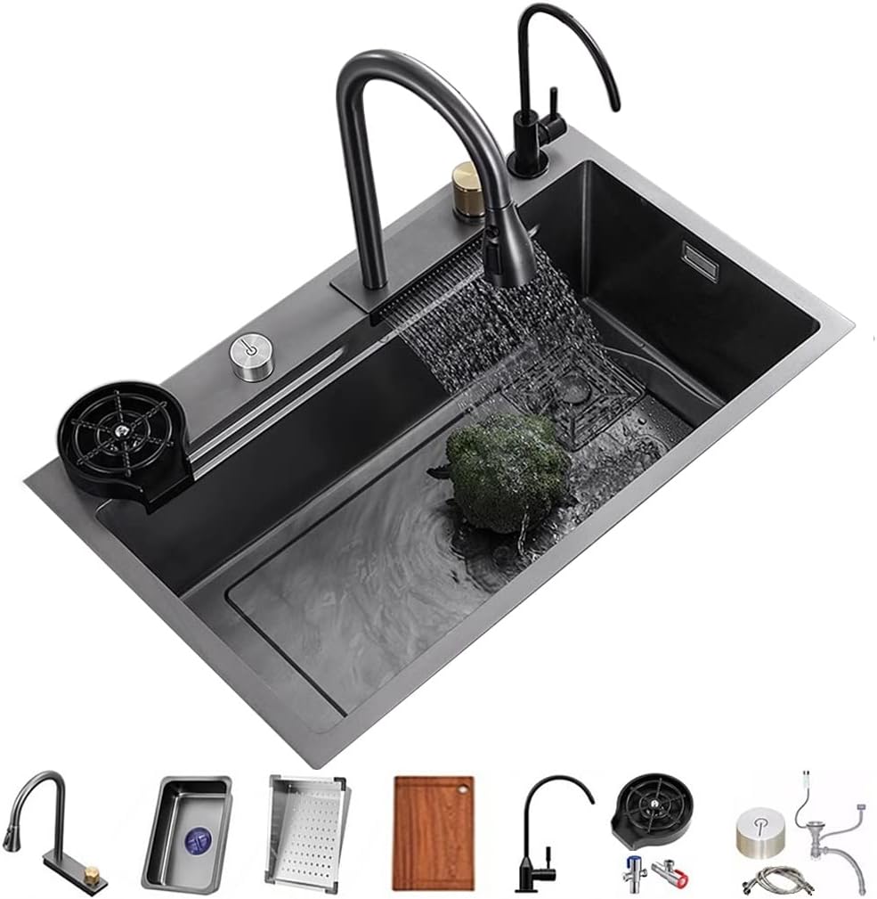 Bar Kitchen Sink Versatile Stainless Steel Single-Bowl Kitchen Workstation Sink Waterfall Pull-Down Faucet and Complete Accessory (Color : Black, Size : 75x45x22cm) (Black 68x45x22cm)
