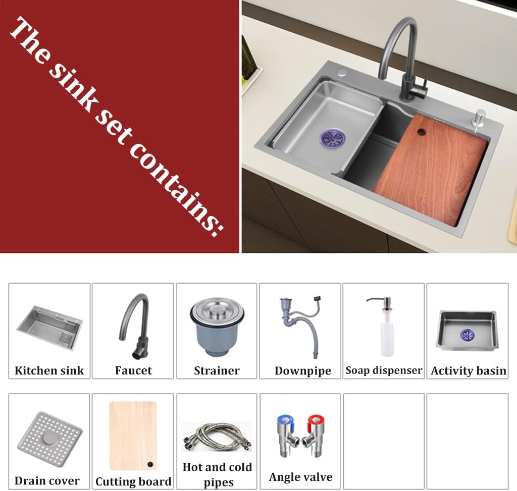 Home Décor Bar Sink Stainless Steel Single Bowl Kitchen Sink Drop-in or Undermount with Big Bend Faucet and Installation Kit Suitable (75 * 45 * 21Cm