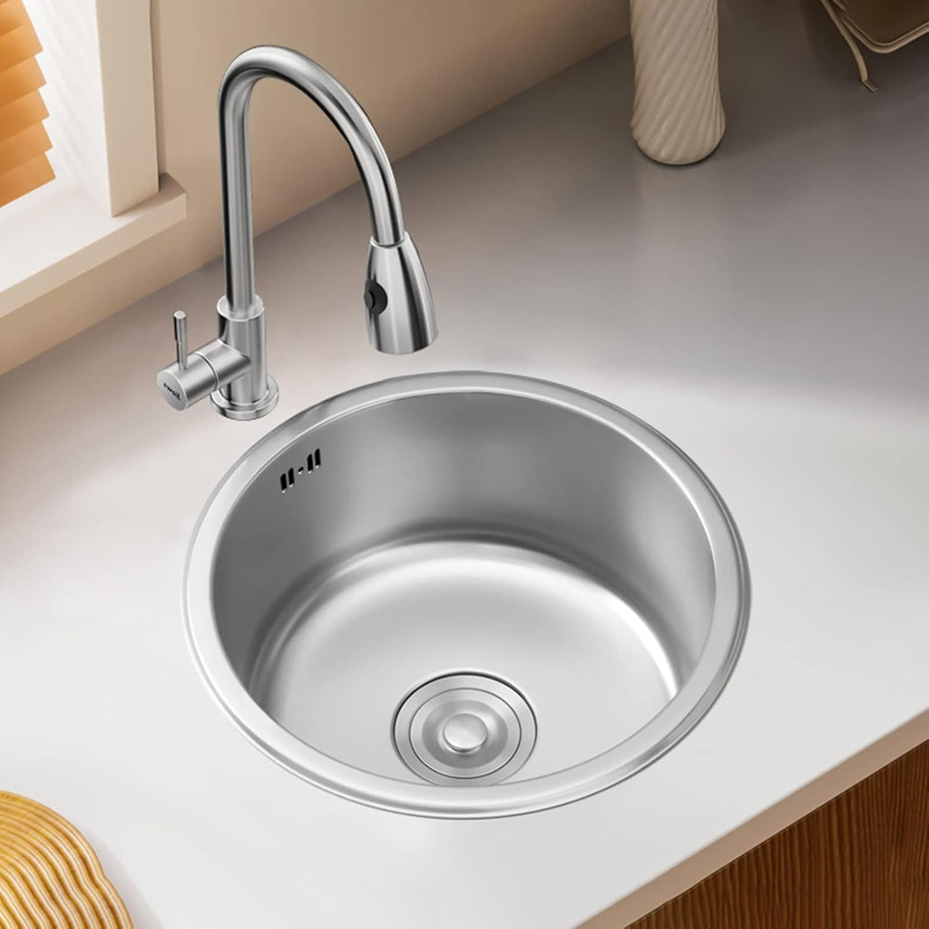 304 Stainless Steel Kitchen Sink Round Silver Single Bowl Bar Prep Sink with Faucet and Drain Assembly Drop-in Or Undermount (Color : C-Have Faucet, Size : 36x36x20cm) (Chave Faucet 32x32x20cm)