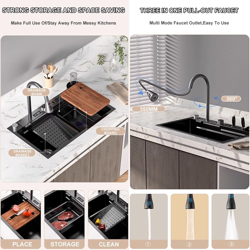 Waterfall Kitchen Sink Stainless Steel Single-Bowl Kitchen Sink with Multi-functional Digital Display Fly Rain Pull-Out Faucet Glass Rinser (Color : Black, Size : 80x46x22cm) (Black 75x46x22cm)