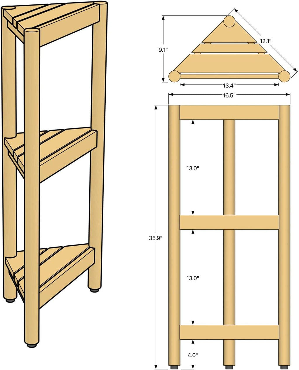Asta Select Solid Teak Free Standing Corner Shelf, 3-Tier Bathroom Corner Stand, Corner Rack for Bathroom, Kitchen, Living Room, Bedroom, Fully Assembled, ST-80