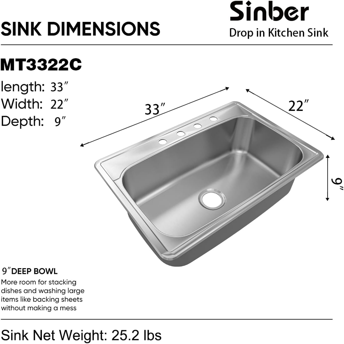 Sinber MT3322C 33' x 22' x 9' Drop In Single Bowl Kitchen Sink with 18 Gauge 304 Stainless Steel Satin Finish (Sink Only)
