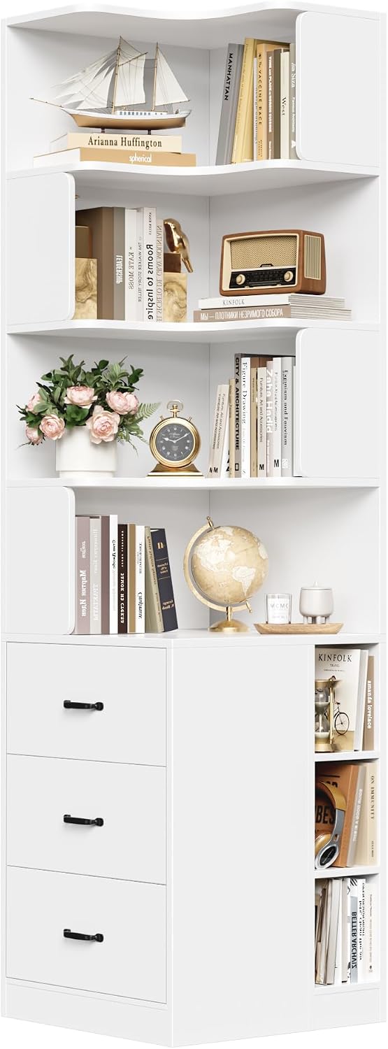 FACBOTALL 76.8' Corner Bookshelf with 3 Drawers and 3 Side Storage Cubbies, L Shaped Tall Bookshelf and Bookcase, 4 Tier Corner Bookcase, Wood Narrow Book Shelf for Living Room, Office, White