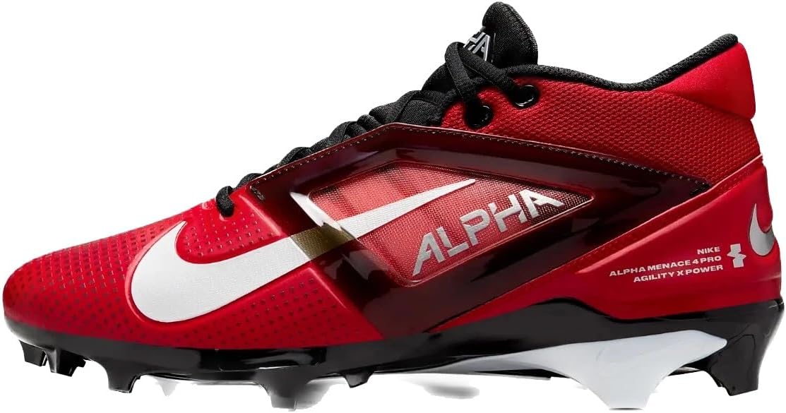 Nike Alpha Menace 4 Pro Football Cleats (FD7037-600, University Red/Metallic Silver/Team Red) Size 10.5
